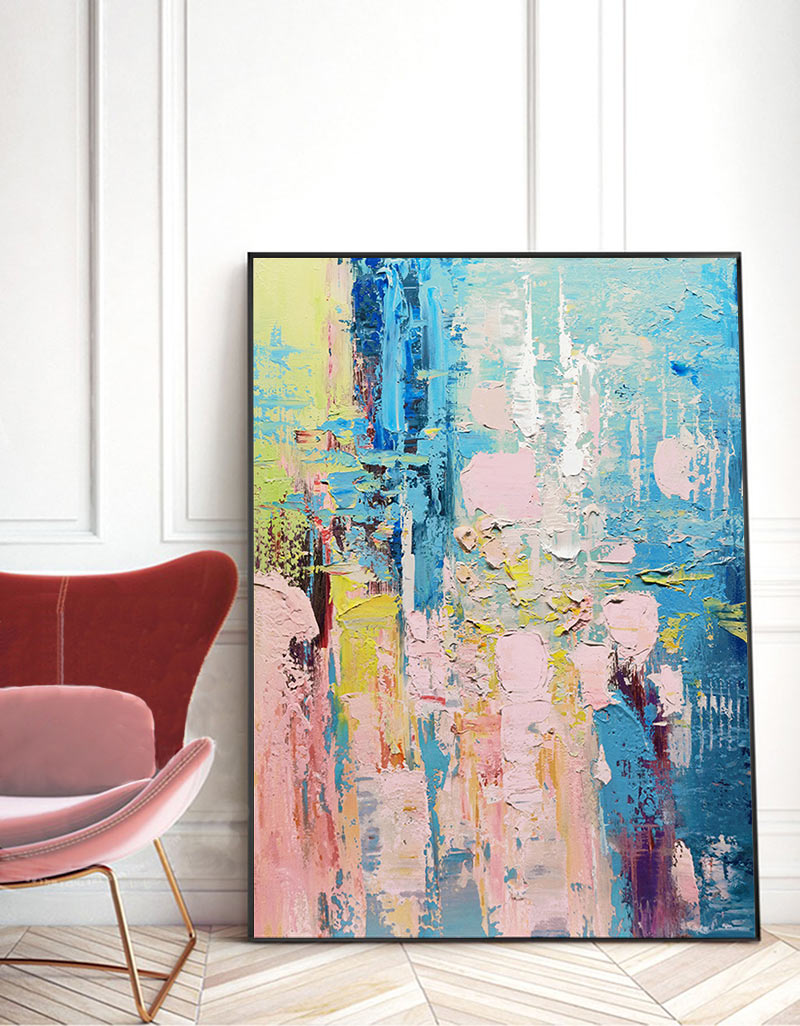 Vibrant Abstract Oil Painting with Blue and Pink Hues for Modern Home Decor