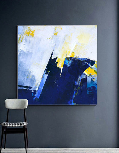 Vibrant Blue and Yellow Abstract Oil Painting for Modern Home Decor