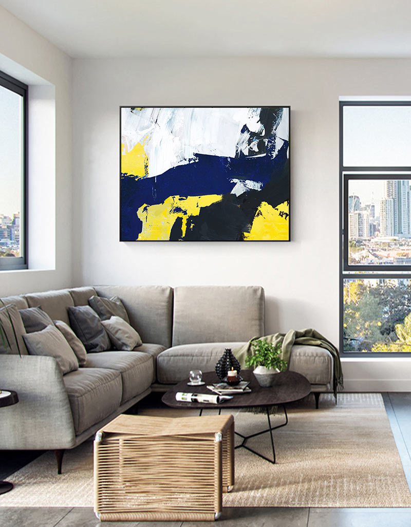 Vibrant Blue and Yellow Abstract Oil Painting for Modern Home Decor