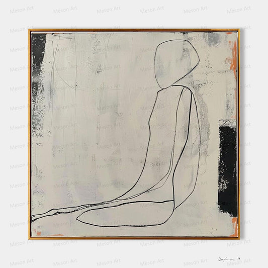 Elegant Minimalist Oil Painting of a Contemplative Figure in Neutral Tones