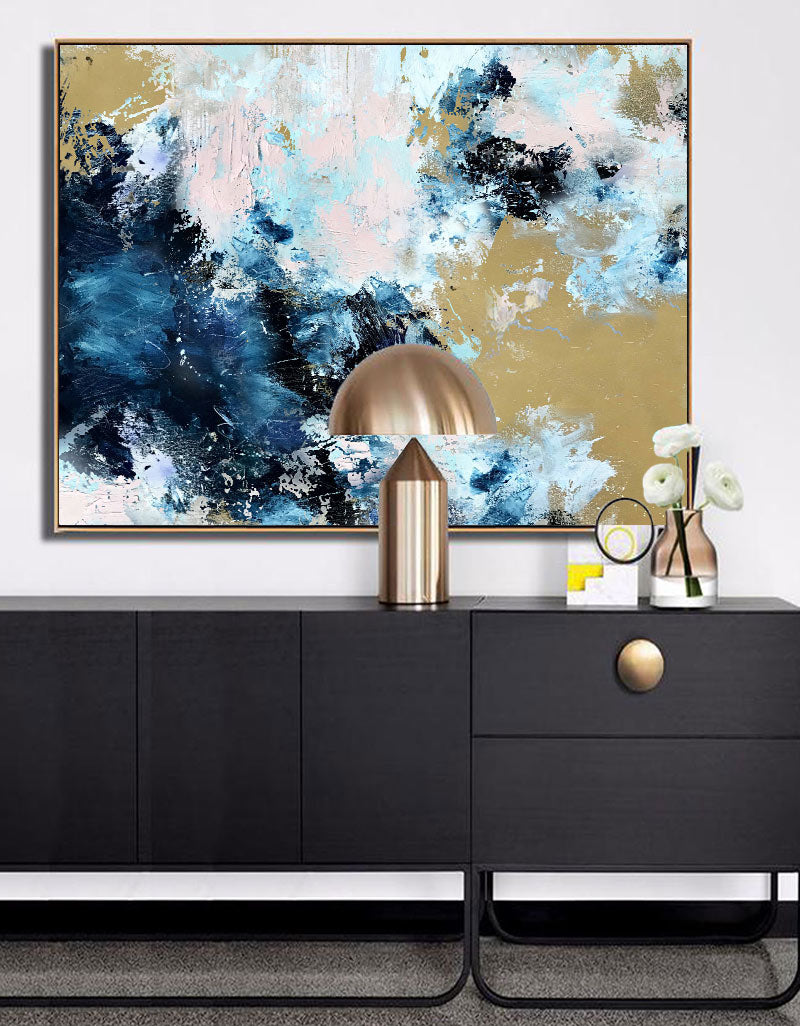 Vibrant Blue and Gold Abstract Oil Painting for Elegant Home D√©cor