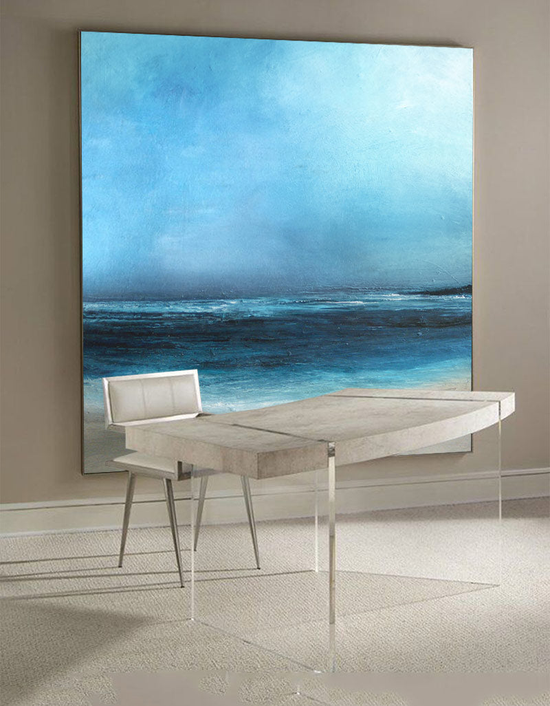 Stunning Blue Ocean Horizon Abstract Oil Painting for Coastal Home Decor