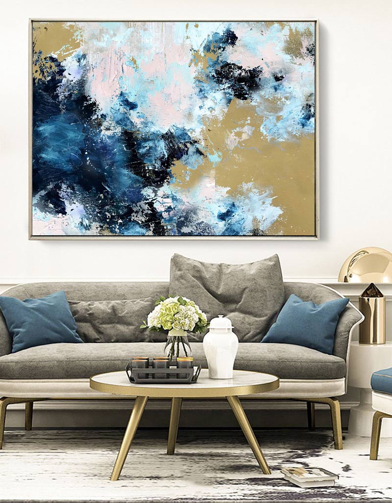 Vibrant Blue and Gold Abstract Oil Painting for Elegant Home D√©cor