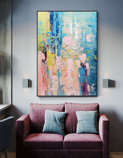 Vibrant Abstract Oil Painting with Blue and Pink Hues for Modern Home Decor