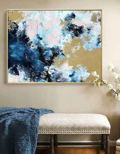 Vibrant Blue and Gold Abstract Oil Painting for Elegant Home D√©cor