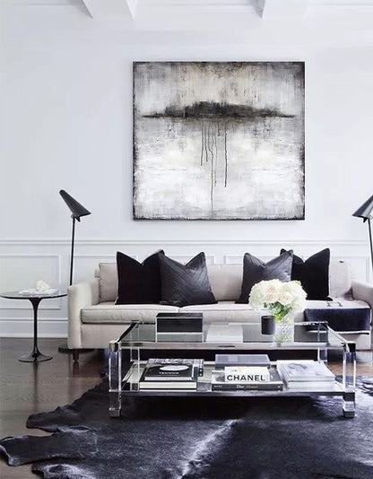 Elegant Black and White Abstract Ocean Landscape Oil Painting for Modern Decor