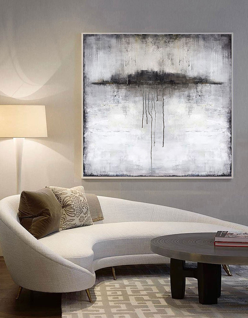 Elegant Black and White Abstract Ocean Landscape Oil Painting for Modern Decor