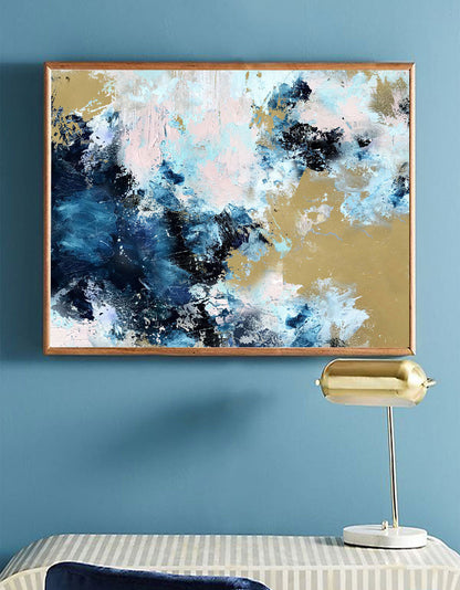 Vibrant Blue and Gold Abstract Oil Painting for Elegant Home D√©cor