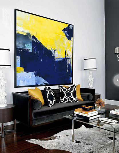 Vibrant Blue and Yellow Abstract Oil Painting for Modern Home Decor