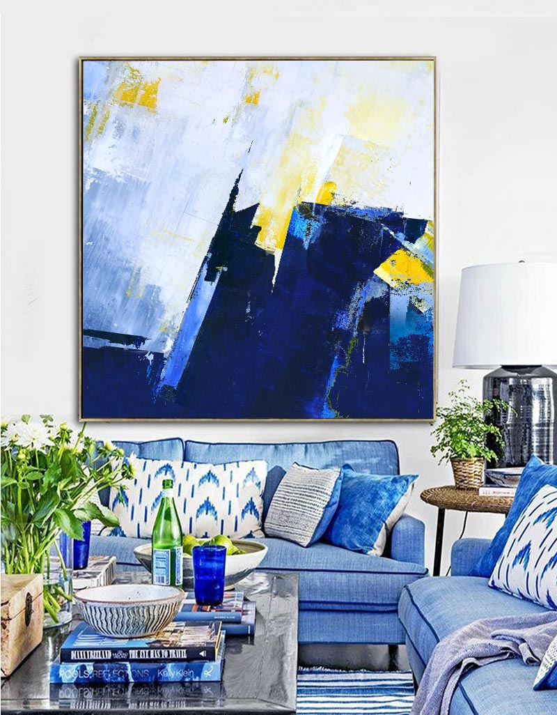 Vibrant Blue and Yellow Abstract Oil Painting for Modern Home Decor