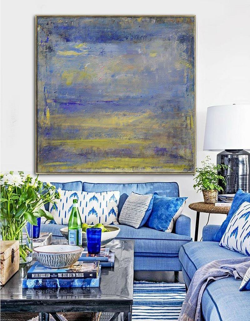 Vibrant Blue and Yellow Abstract Oil Painting for Modern Home Decor