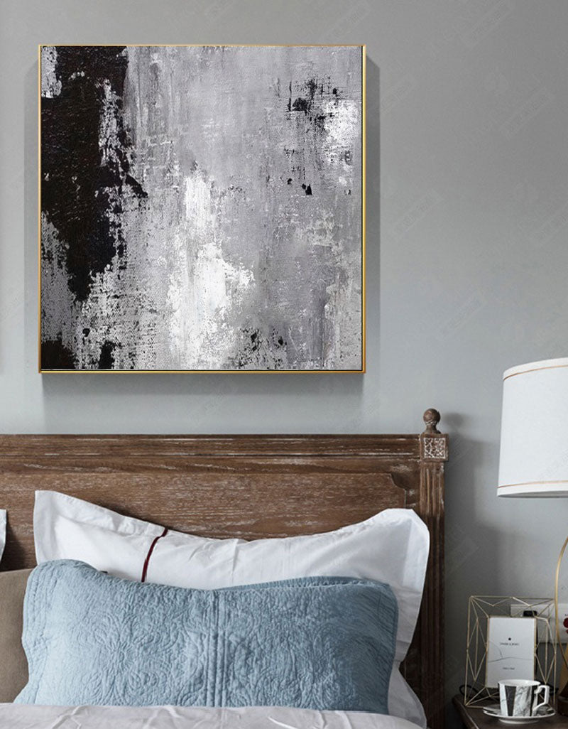 Monochrome Elegance: Modern Grey, Black, and White Abstract Oil Painting for Home Decor