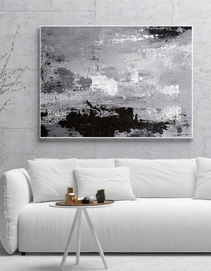 Monochrome Abstract Oil Painting in Black, White, and Gray for Modern Decor