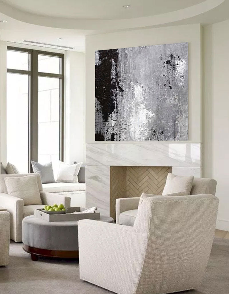 Monochrome Elegance: Modern Grey, Black, and White Abstract Oil Painting for Home Decor