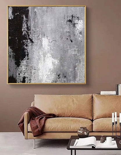 Monochrome Elegance: Modern Grey, Black, and White Abstract Oil Painting for Home Decor