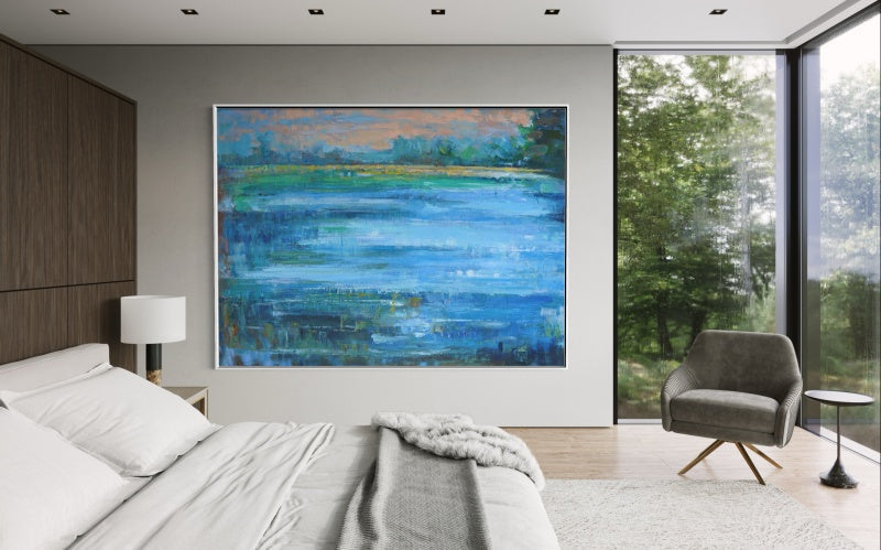 Serene Blue Horizon Abstract Oil Painting for Modern Home Decor