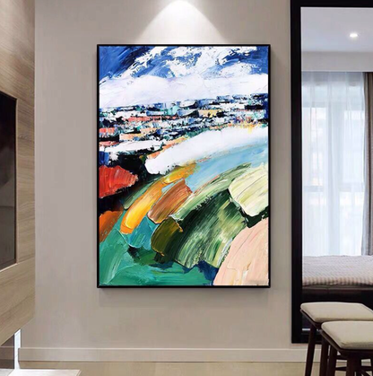 Vibrant Nepalese Landscape Oil Painting - Colorful Abstract Wall Art for Home Decor