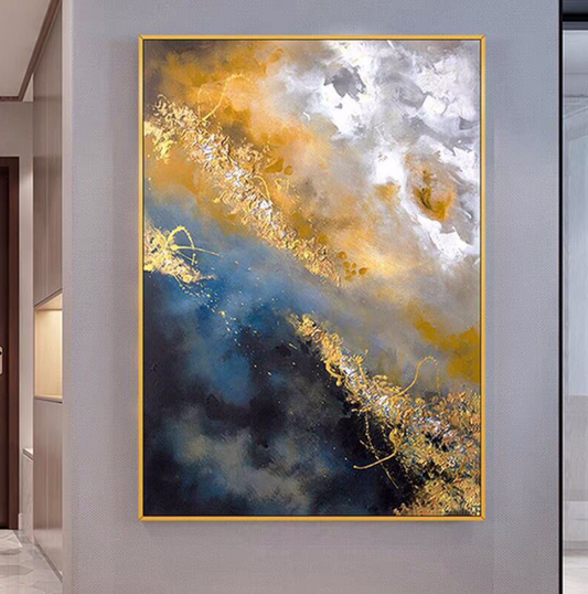 Abstract Gold and Blue Oil Painting for Modern Home Decor