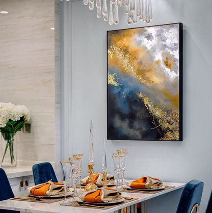 Abstract Gold and Blue Oil Painting for Modern Home Decor