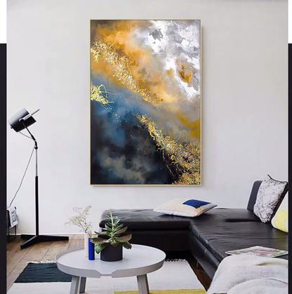 Abstract Gold and Blue Oil Painting for Modern Home Decor