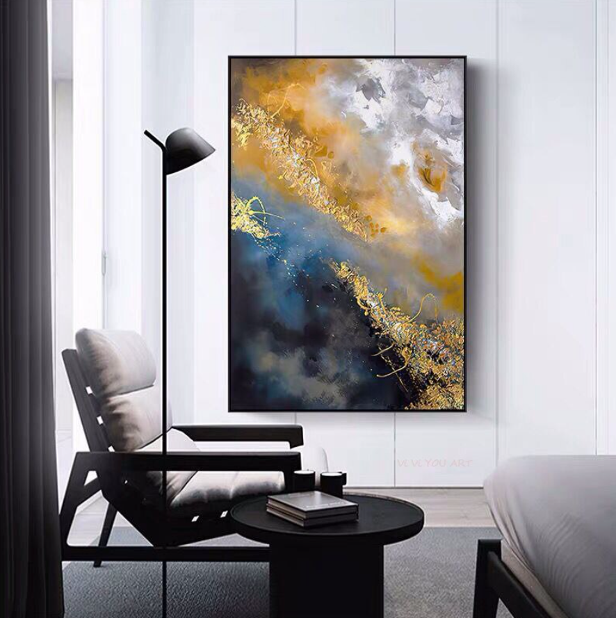 Abstract Gold and Blue Oil Painting for Modern Home Decor