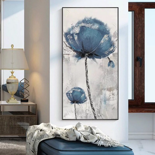 Serene Blue Flower Oil Painting for Modern Home Decor