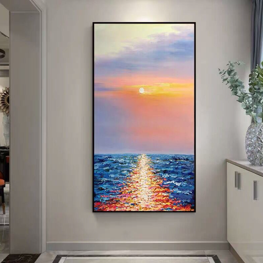 Tranquil Sunset Over Ocean Waves - Beautiful Oil Painting for Coastal Decor