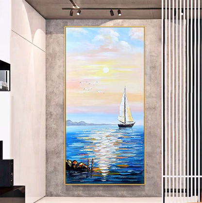 Serene Sailing at Sunset – Coastal Oil Painting for Nautical Decor