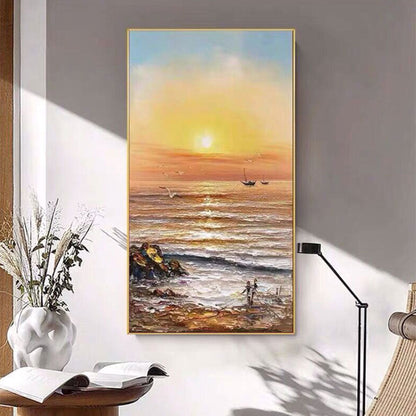 Serene Sunset Over Gentle Waves: Coastal Oil Painting for Home Decor