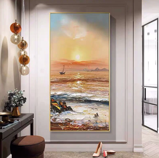 Serene Coastal Sunset Oil Painting with Sailing Boat and Gentle Waves
