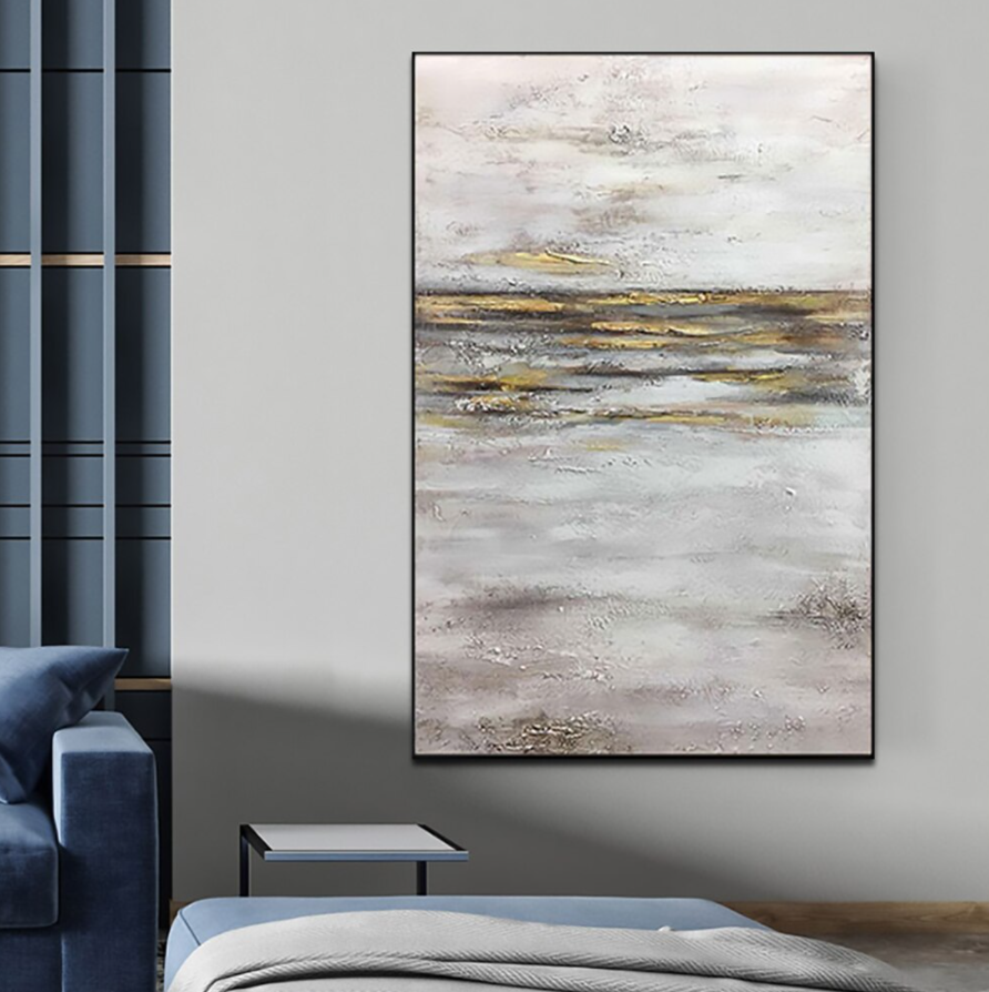 Abstract Desert Landscape Oil Painting with Soft Tones and Golden Accents