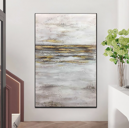 Abstract Desert Landscape Oil Painting with Soft Tones and Golden Accents