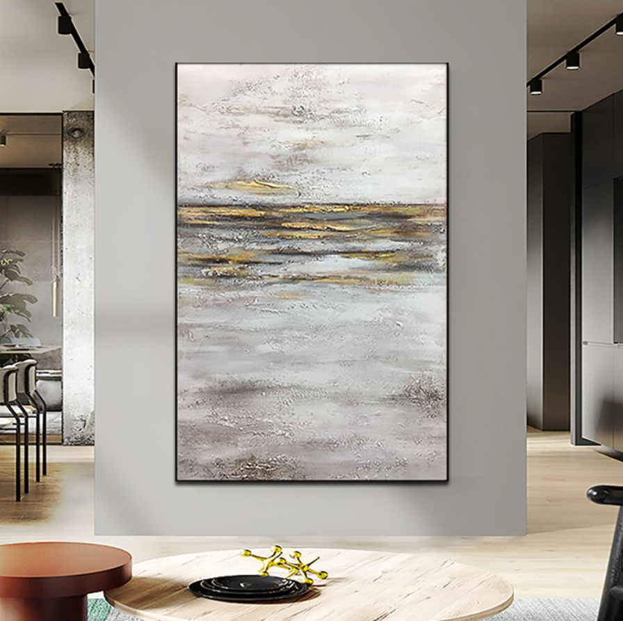 Abstract Desert Landscape Oil Painting with Soft Tones and Golden Accents