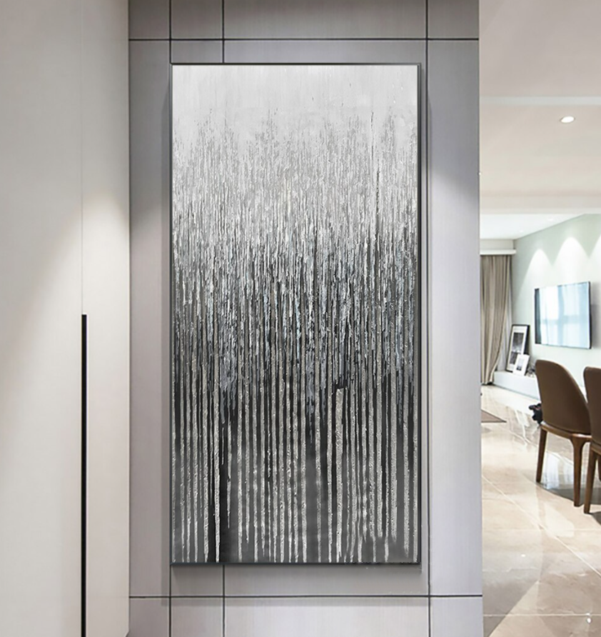 Serene Silver Forest: Modern Abstract Oil Painting for Contemporary Decor