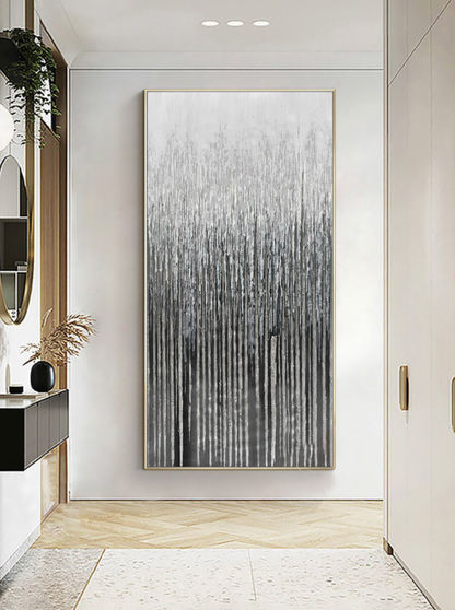 Serene Silver Forest: Modern Abstract Oil Painting for Contemporary Decor