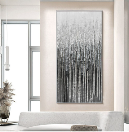 Serene Silver Forest: Modern Abstract Oil Painting for Contemporary Decor