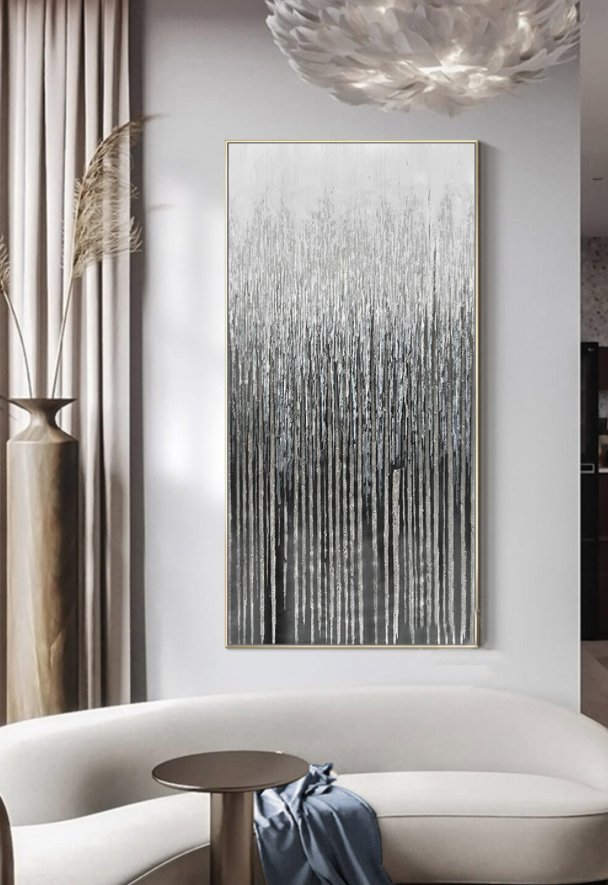 Serene Silver Forest: Modern Abstract Oil Painting for Contemporary Decor