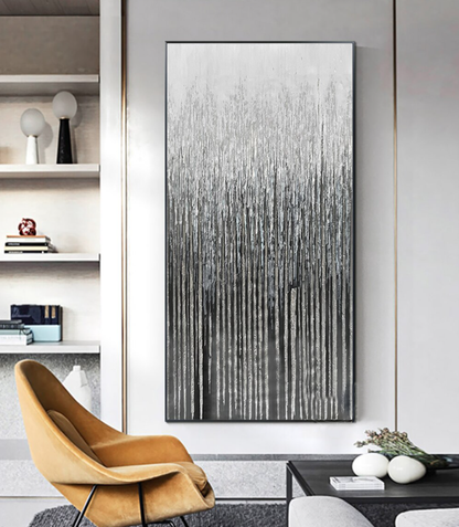 Serene Silver Forest: Modern Abstract Oil Painting for Contemporary Decor