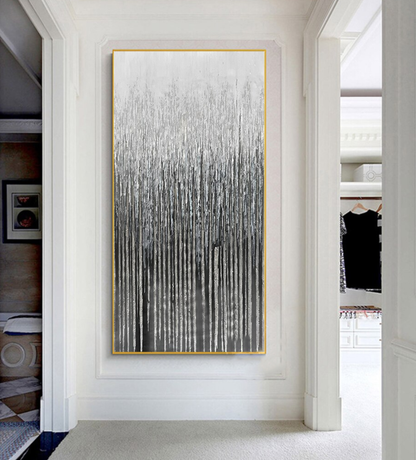 Serene Silver Forest: Modern Abstract Oil Painting for Contemporary Decor