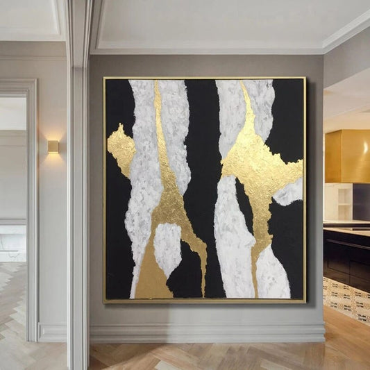 Abstract Elegance: Gold and Black Modern Oil Painting for Stylish Home Decor