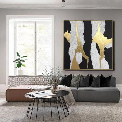 Abstract Elegance: Gold and Black Modern Oil Painting for Stylish Home Decor