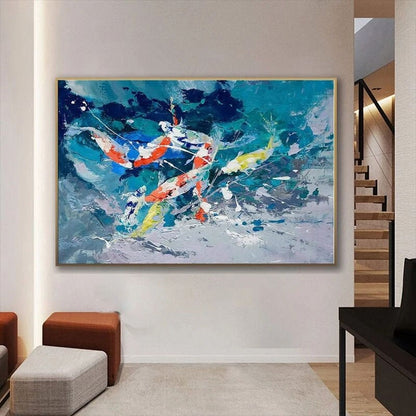 Vibrant Koi Fish Dance Abstract Oil Painting for Home Decor and Art Lovers