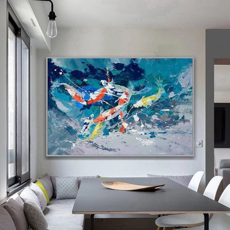 Vibrant Koi Fish Dance Abstract Oil Painting for Home Decor and Art Lovers