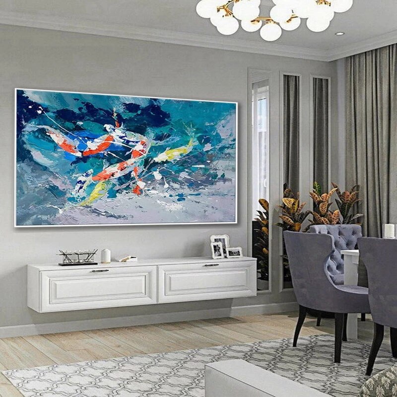 Vibrant Koi Fish Dance Abstract Oil Painting for Home Decor and Art Lovers