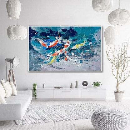 Vibrant Koi Fish Dance Abstract Oil Painting for Home Decor and Art Lovers