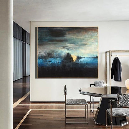 Serene Abstract Landscape in Blue and Black – Captivating Oil Painting for Modern Decor