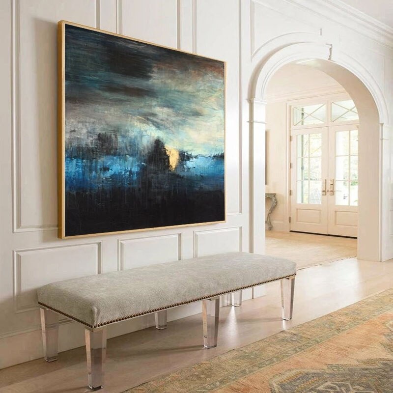 Serene Abstract Landscape in Blue and Black – Captivating Oil Painting for Modern Decor