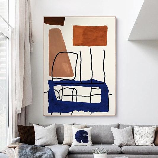 Abstract Oil Painting with Earthy Tones and Bold Lines for Modern Decor