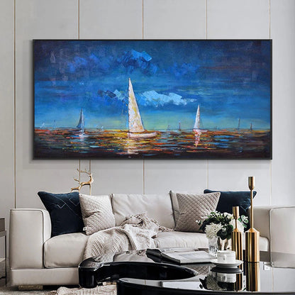 Tranquil Sunset Sail: Ocean View Oil Painting for Serene Home Décor