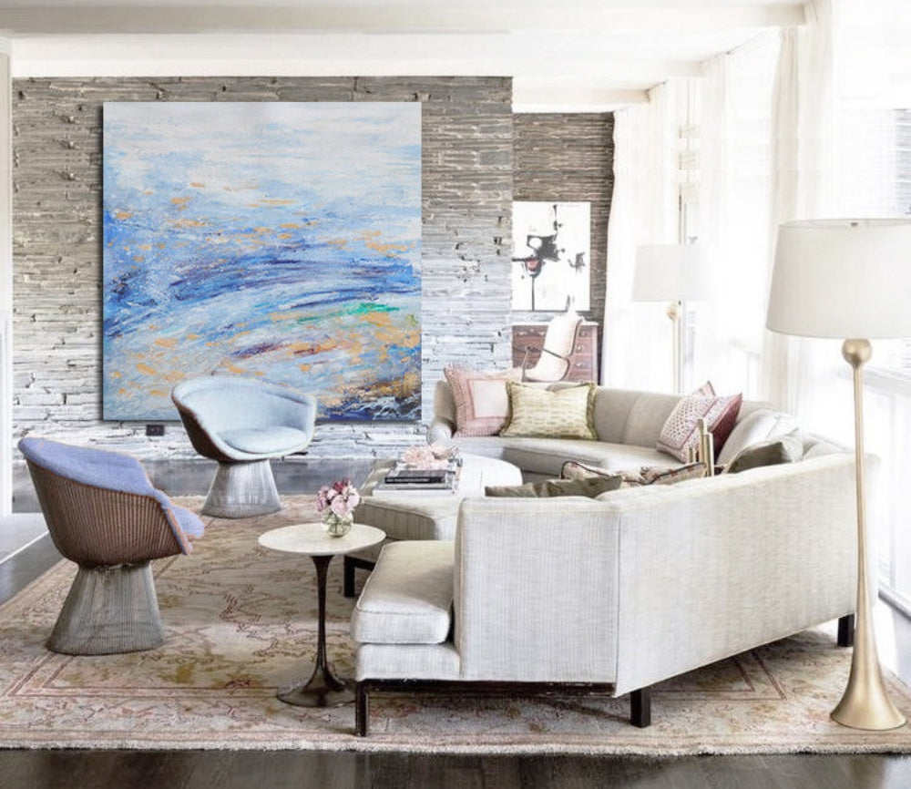 Tranquil Blue Waves: Abstract Oil Painting for Serene Home Décor